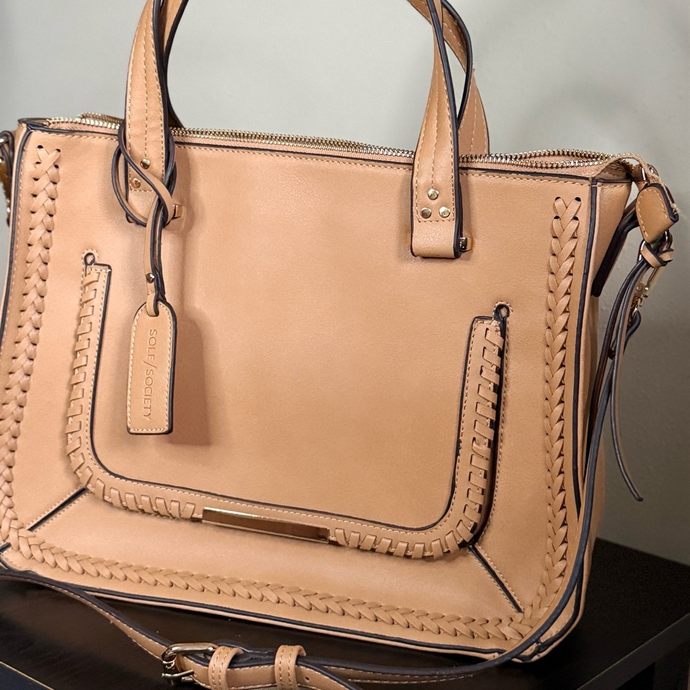 Sole Society Tan Satchel Crossbody Bag Whipstitch Faux Leather Camel Tote - Picture 3 of 8